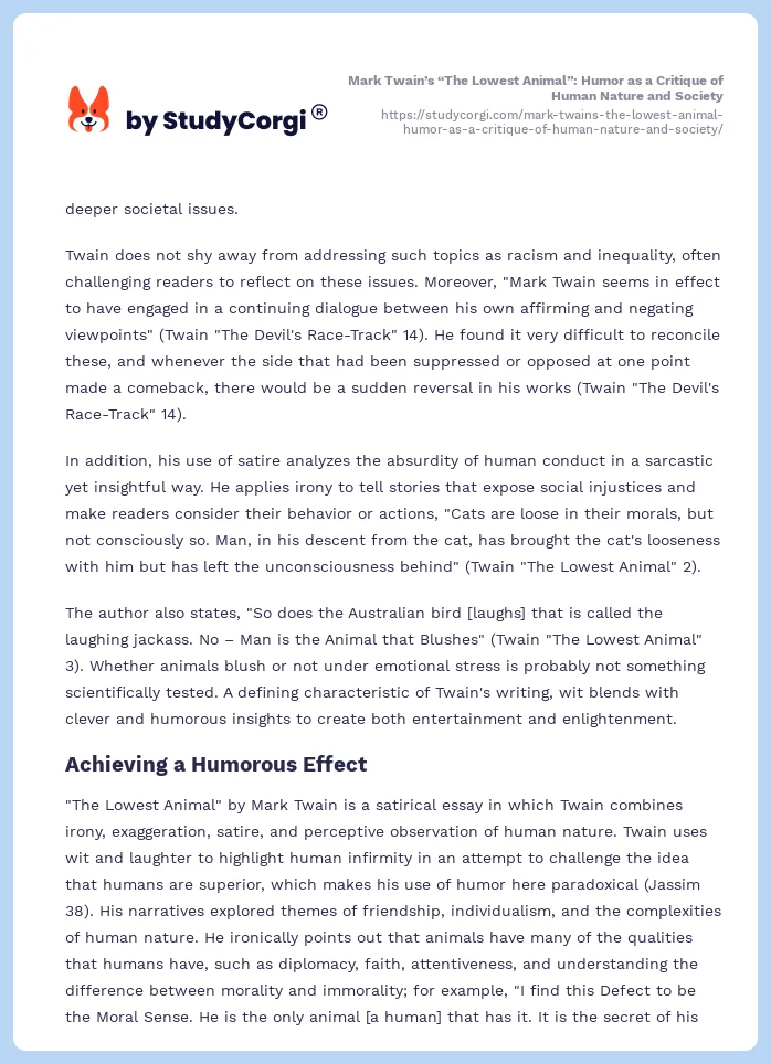 Mark Twain’s “The Lowest Animal”: Humor as a Critique of Human Nature and Society. Page 2