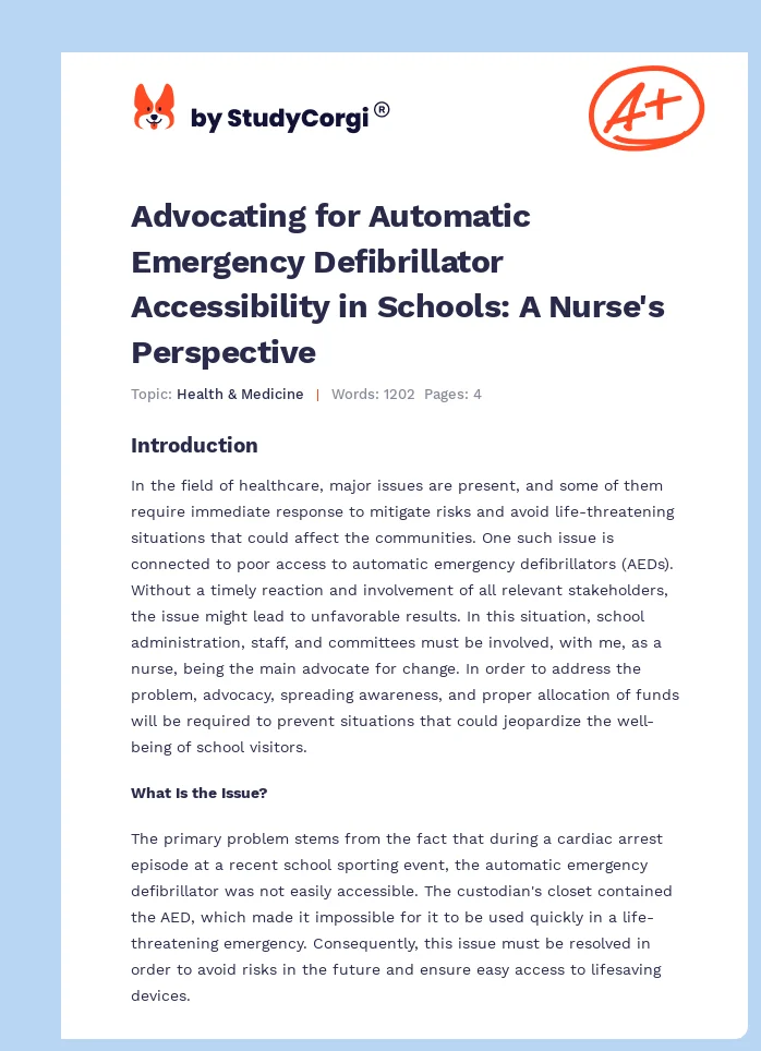 Advocating for Automatic Emergency Defibrillator Accessibility in Schools: A Nurse's Perspective. Page 1