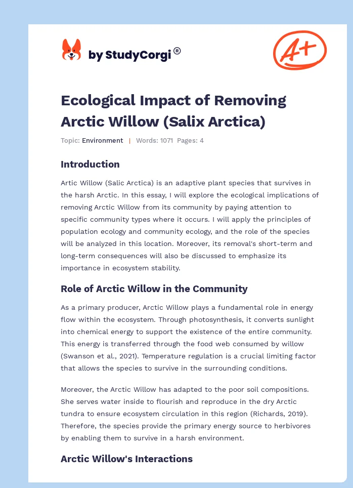 Ecological Impact of Removing Arctic Willow (Salix Arctica). Page 1