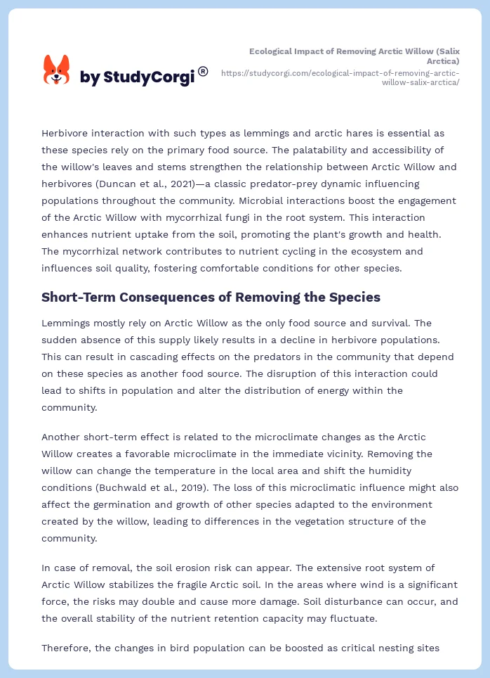 Ecological Impact of Removing Arctic Willow (Salix Arctica). Page 2