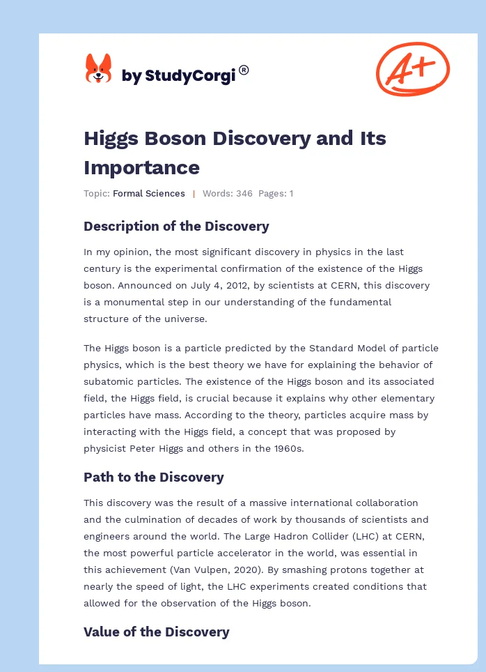 Higgs Boson Discovery and Its Importance. Page 1