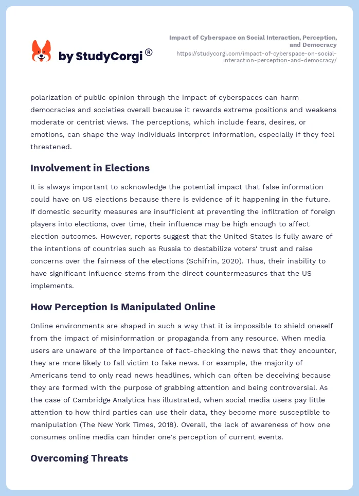 Impact of Cyberspace on Social Interaction, Perception, and Democracy. Page 2
