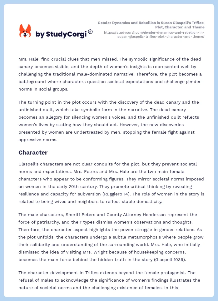 Gender Dynamics and Rebellion in Susan Glaspell’s Trifles: Plot, Character, and Theme. Page 2