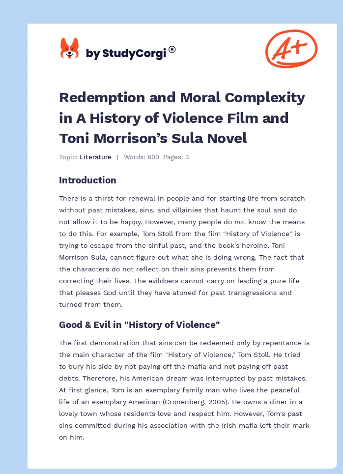 Redemption and Moral Complexity in A History of Violence Film and Toni Morrison’s Sula Novel. Page 1