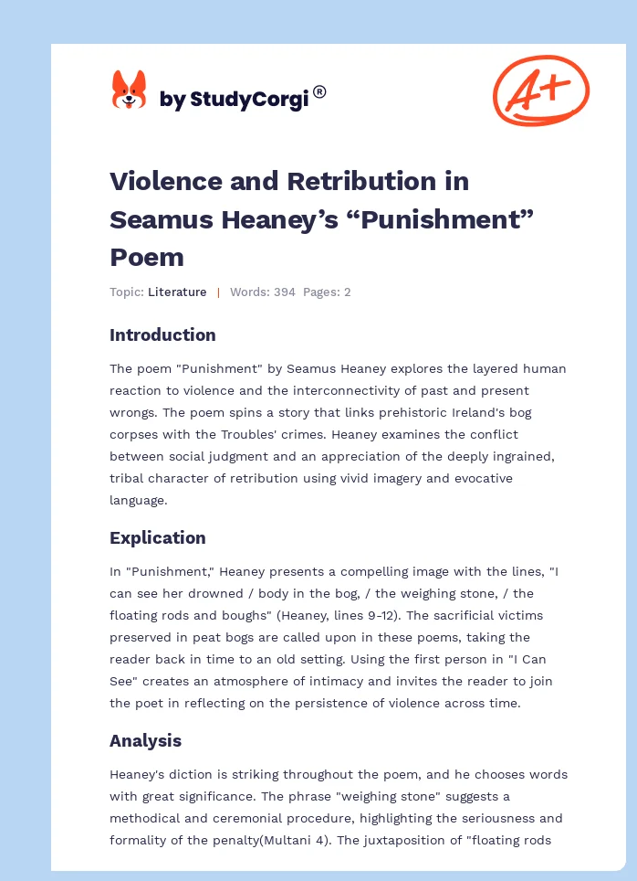 Violence and Retribution in Seamus Heaney’s “Punishment” Poem. Page 1