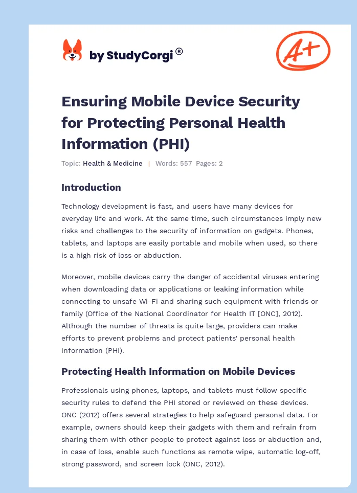 Ensuring Mobile Device Security for Protecting Personal Health Information (PHI). Page 1