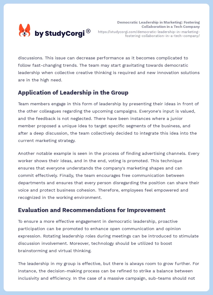 Democratic Leadership in Marketing: Fostering Collaboration in a Tech Company. Page 2