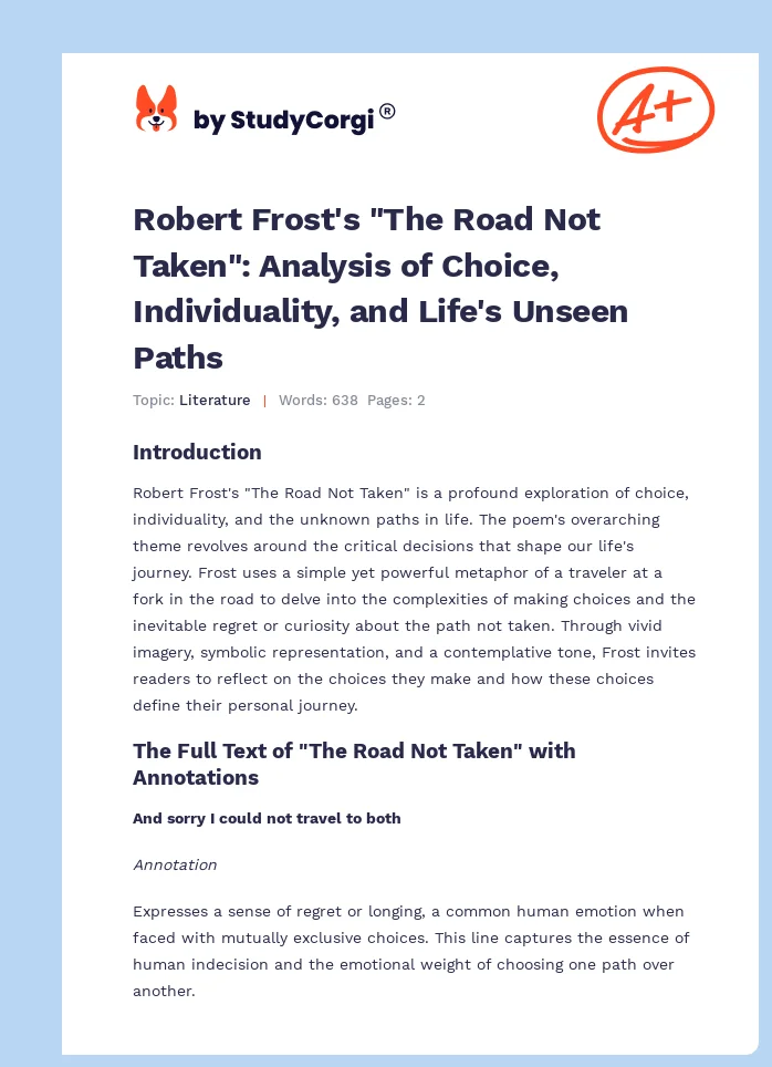 Robert Frost's "The Road Not Taken": Analysis of Choice, Individuality, and Life's Unseen Paths. Page 1
