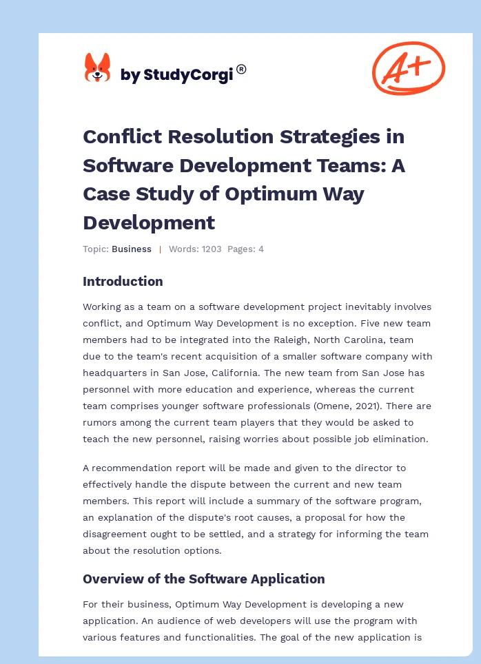 Conflict Resolution Strategies in Software Development Teams: A Case Study of Optimum Way Development. Page 1
