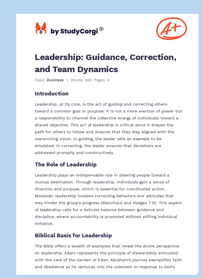 Leadership: Guidance, Correction, and Team Dynamics. Page 1