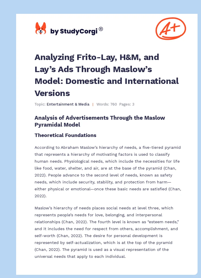 Analyzing Frito-Lay, H&M, and Lay’s Ads Through Maslow’s Model: Domestic and International Versions. Page 1