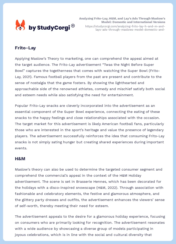 Analyzing Frito-Lay, H&M, and Lay’s Ads Through Maslow’s Model: Domestic and International Versions. Page 2