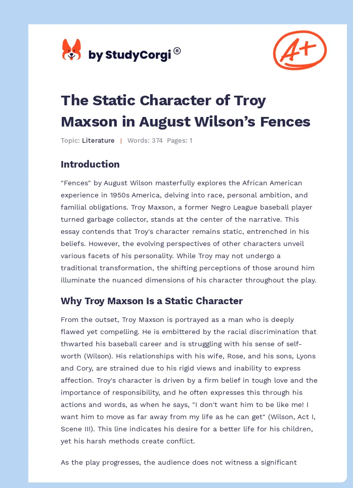 The Static Character of Troy Maxson in August Wilson’s Fences. Page 1