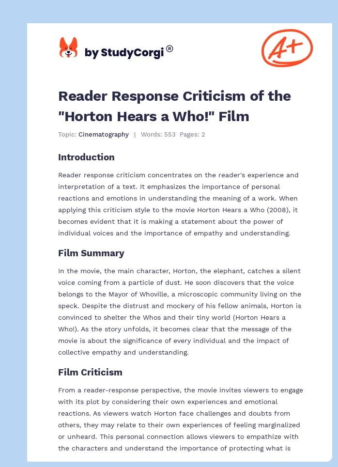 Reader Response Criticism of the "Horton Hears a Who!" Film. Page 1