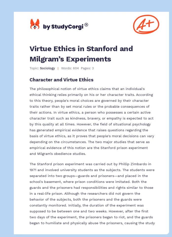 Virtue Ethics in Stanford and Milgram’s Experiments. Page 1