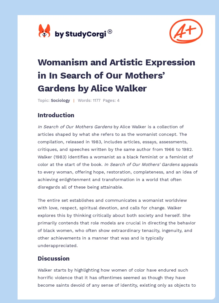 Womanism and Artistic Expression in In Search of Our Mothers’ Gardens by Alice Walker. Page 1