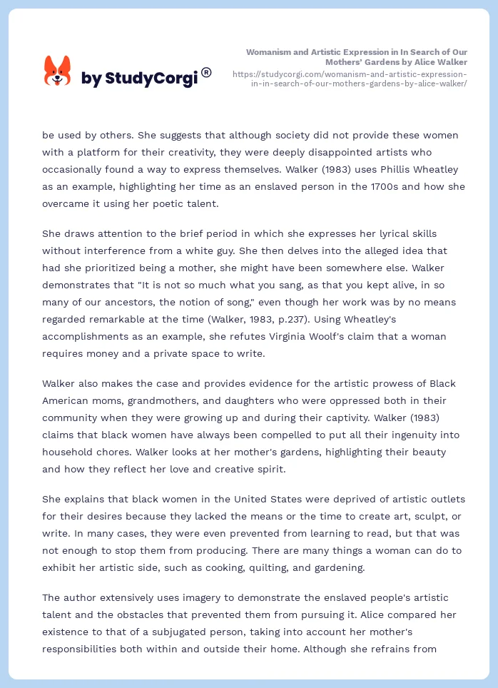 Womanism and Artistic Expression in In Search of Our Mothers’ Gardens by Alice Walker. Page 2