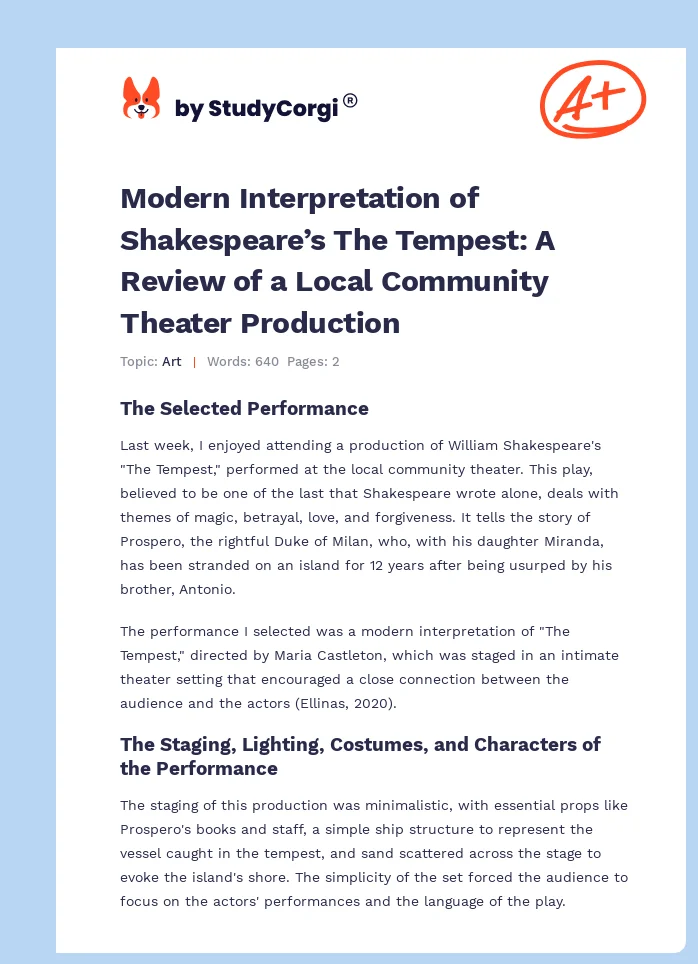 Modern Interpretation of Shakespeare’s The Tempest: A Review of a Local Community Theater Production. Page 1