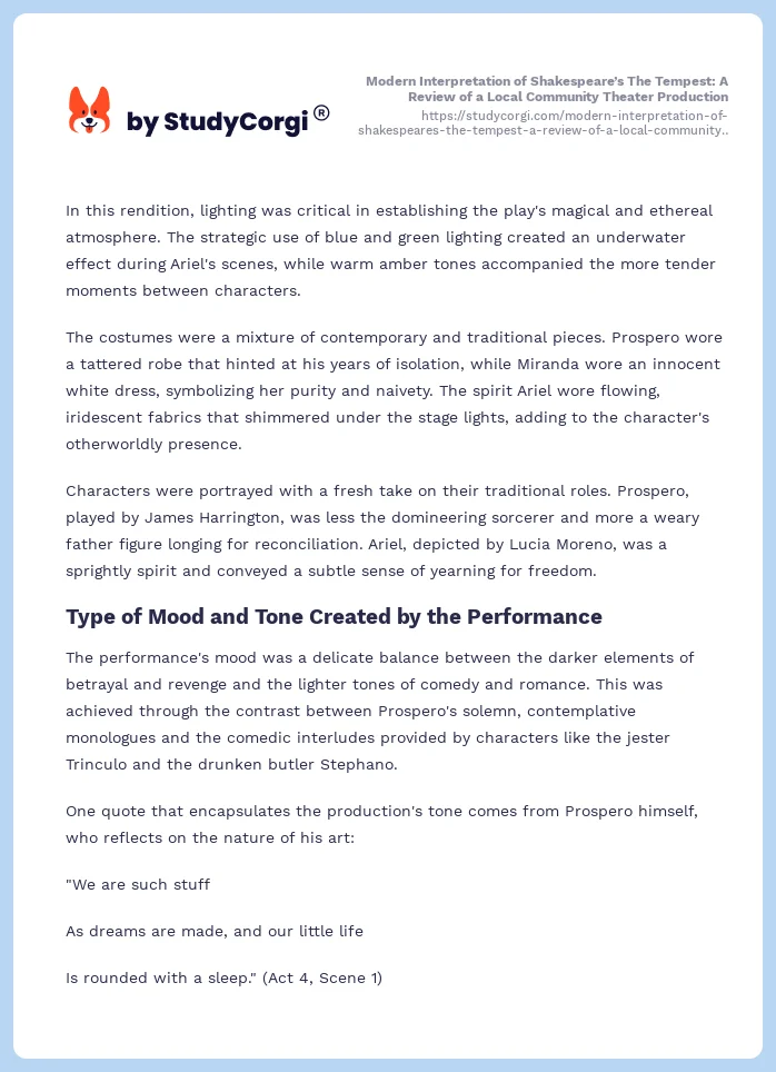 Modern Interpretation of Shakespeare’s The Tempest: A Review of a Local Community Theater Production. Page 2