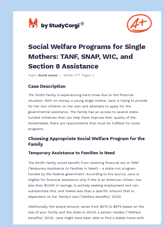 Social Welfare Programs for Single Mothers: TANF, SNAP, WIC, and Section 8 Assistance. Page 1