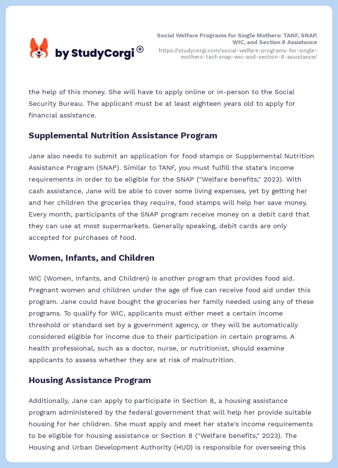 Social Welfare Programs for Single Mothers: TANF, SNAP, WIC, and Section 8 Assistance. Page 2