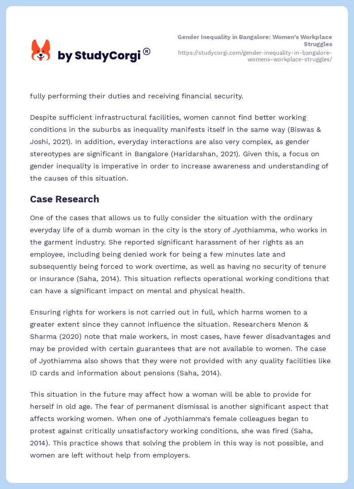 Gender Inequality in Bangalore: Women’s Workplace Struggles. Page 2