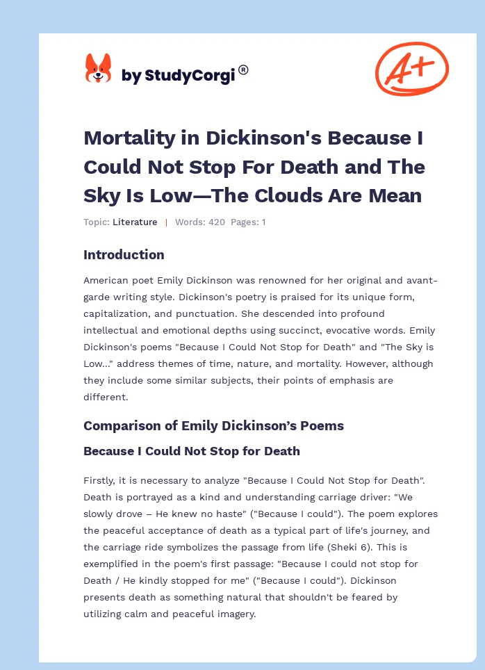 Mortality in Dickinson's Because I Could Not Stop For Death and The Sky Is Low—The Clouds Are Mean. Page 1