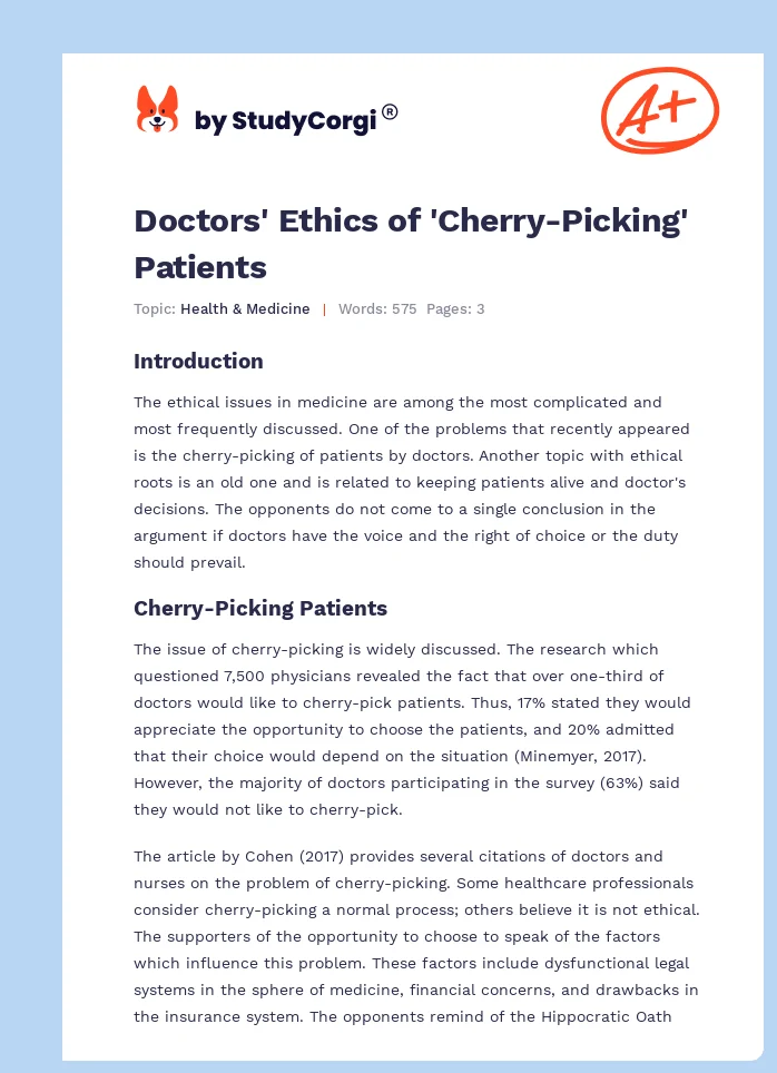 Doctors' Ethics of 'Cherry-Picking' Patients. Page 1
