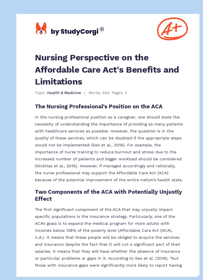 Nursing Perspective on the Affordable Care Act's Benefits and Limitations. Page 1