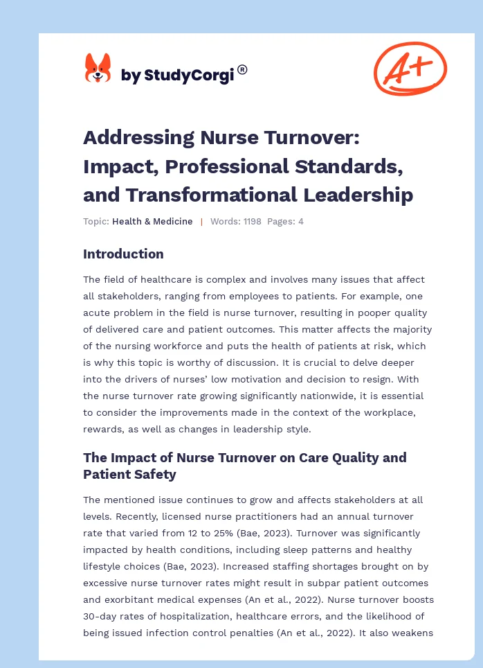 Addressing Nurse Turnover: Impact, Professional Standards, and Transformational Leadership. Page 1