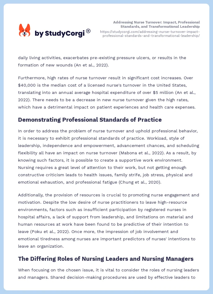 Addressing Nurse Turnover: Impact, Professional Standards, and Transformational Leadership. Page 2