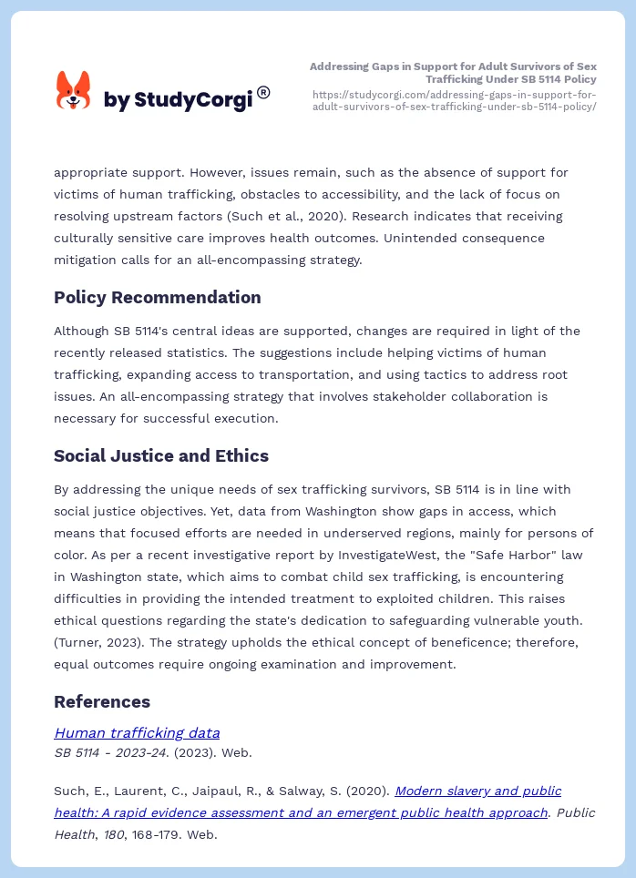 Addressing Gaps in Support for Adult Survivors of Sex Trafficking Under SB 5114 Policy. Page 2