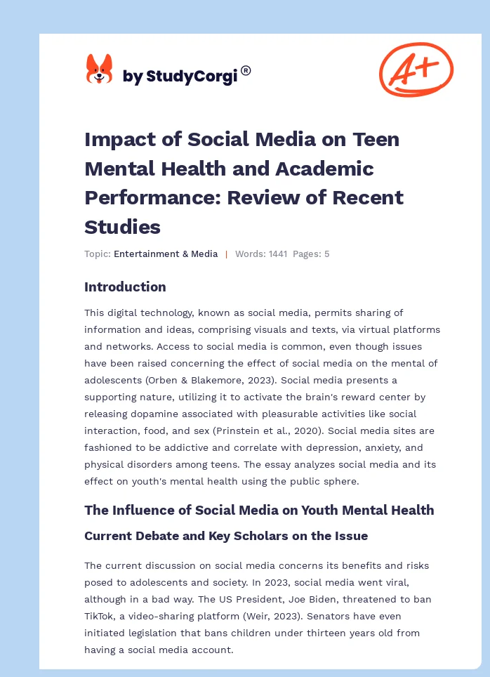 Impact of Social Media on Teen Mental Health and Academic Performance: Review of Recent Studies. Page 1