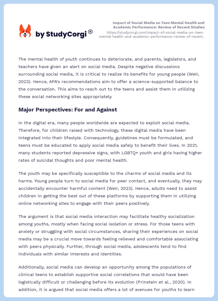 Impact of Social Media on Teen Mental Health and Academic Performance: Review of Recent Studies. Page 2