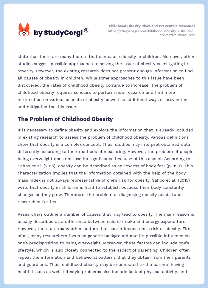 Childhood Obesity Risks and Preventive Measures. Page 2