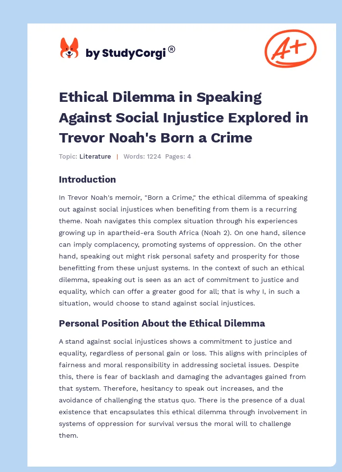 Ethical Dilemma in Speaking Against Social Injustice Explored in Trevor Noah's Born a Crime. Page 1