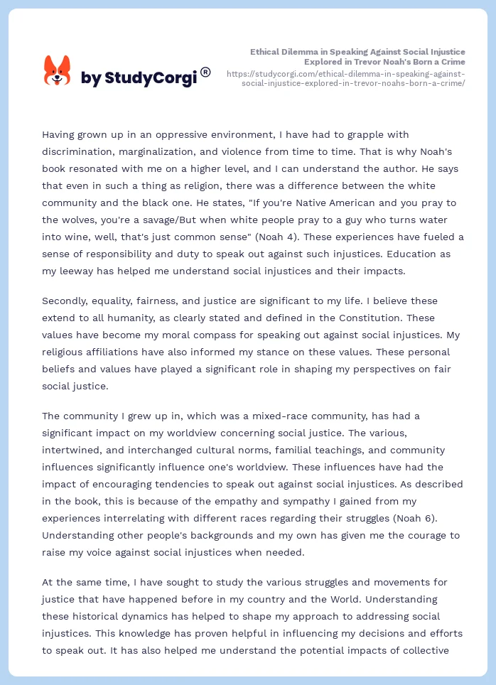 Ethical Dilemma in Speaking Against Social Injustice Explored in Trevor Noah's Born a Crime. Page 2