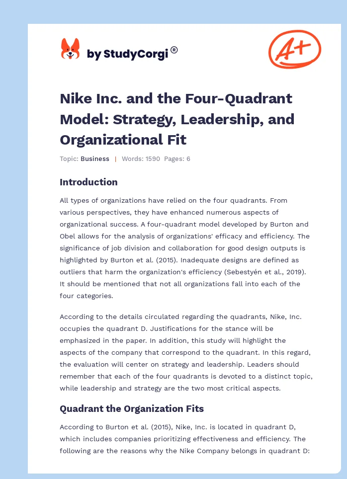 Nike Inc. and the Four-Quadrant Model: Strategy, Leadership, and Organizational Fit. Page 1