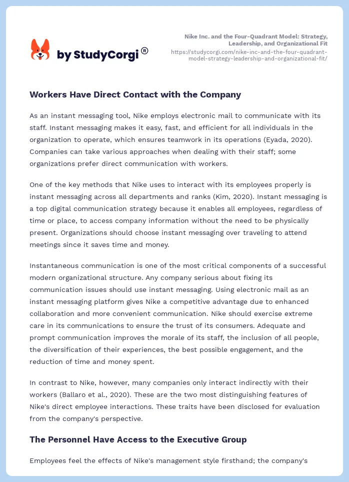 Nike Inc. and the Four-Quadrant Model: Strategy, Leadership, and Organizational Fit. Page 2