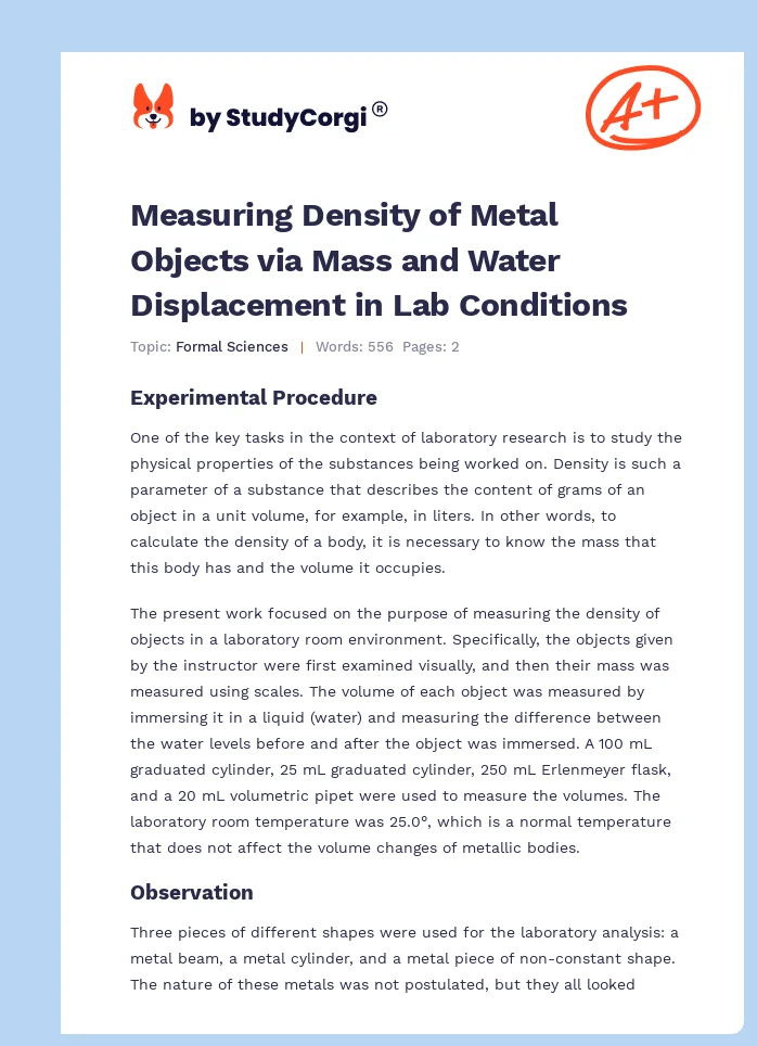 Measuring Density of Metal Objects via Mass and Water Displacement in Lab Conditions. Page 1