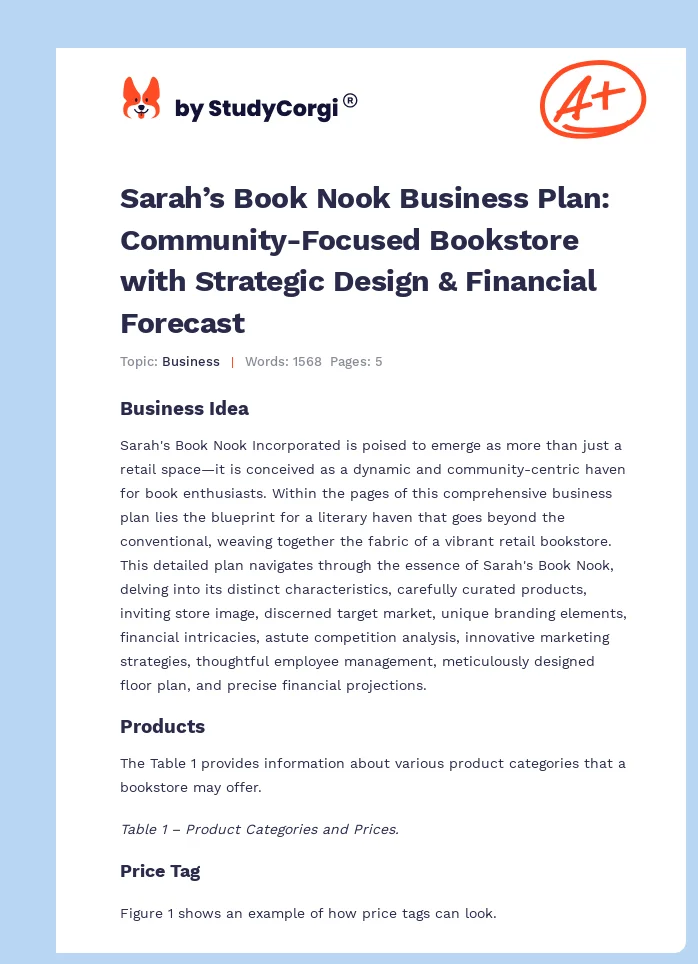 Sarah’s Book Nook Business Plan: Community-Focused Bookstore with Strategic Design & Financial Forecast. Page 1