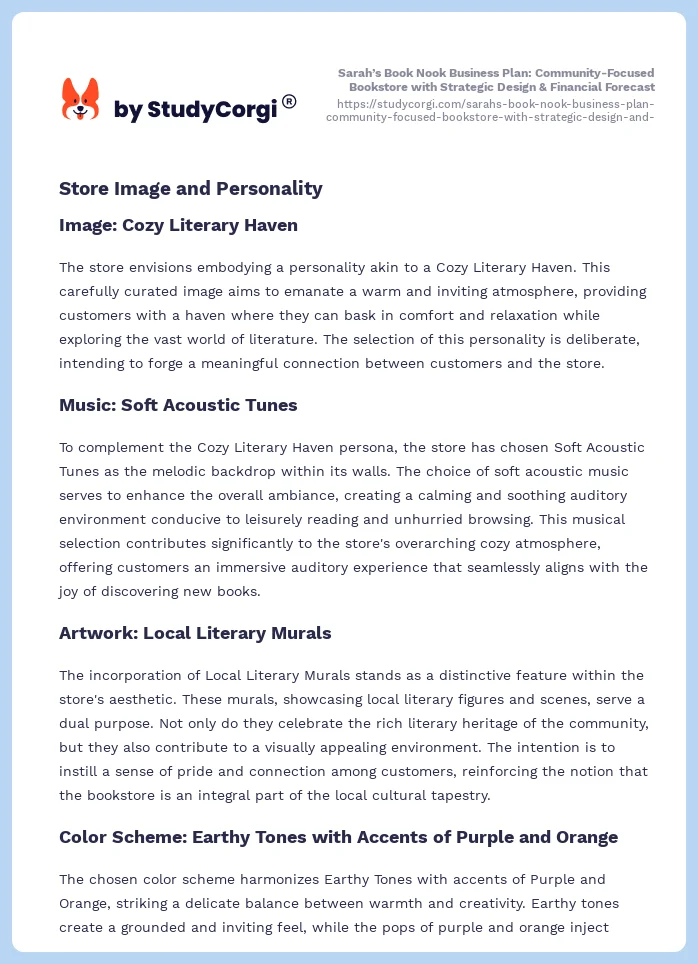 Sarah’s Book Nook Business Plan: Community-Focused Bookstore with Strategic Design & Financial Forecast. Page 2