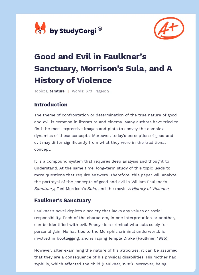 Good and Evil in Faulkner’s Sanctuary, Morrison’s Sula, and A History of Violence. Page 1