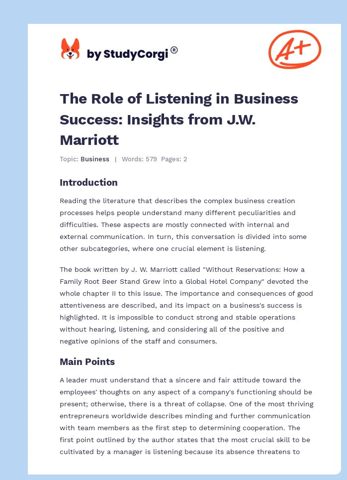 The Role of Listening in Business Success: Insights from J.W. Marriott. Page 1