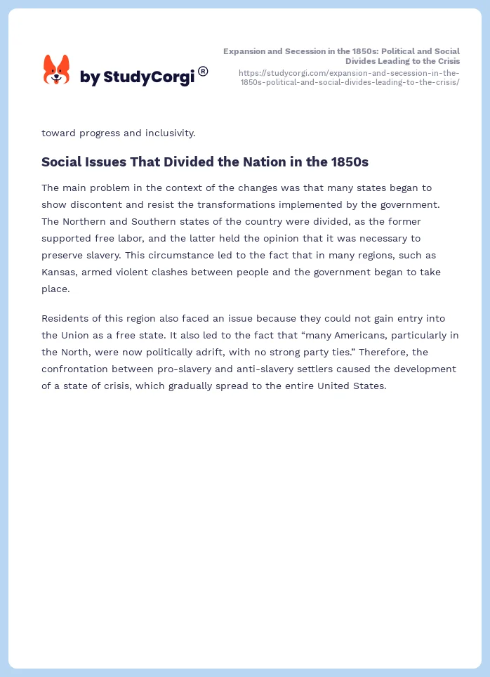 Expansion and Secession in the 1850s: Political and Social Divides Leading to the Crisis. Page 2