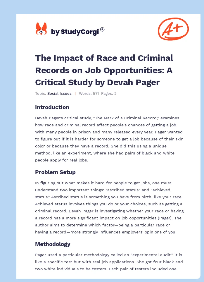 The Impact of Race and Criminal Records on Job Opportunities: A Critical Study by Devah Pager. Page 1