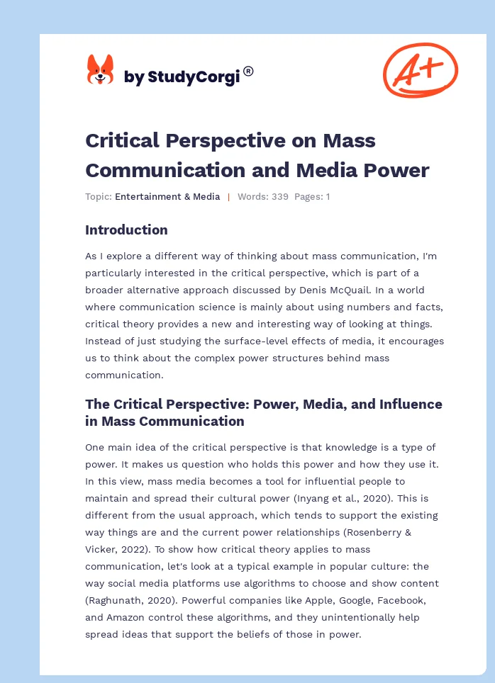 Critical Perspective on Mass Communication and Media Power. Page 1