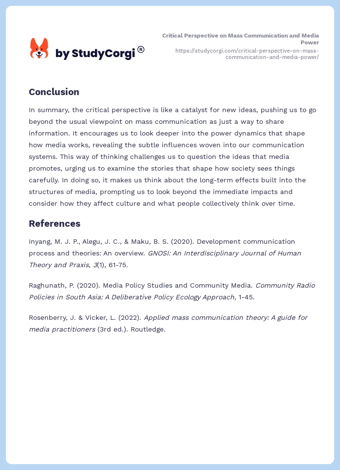 Critical Perspective on Mass Communication and Media Power. Page 2