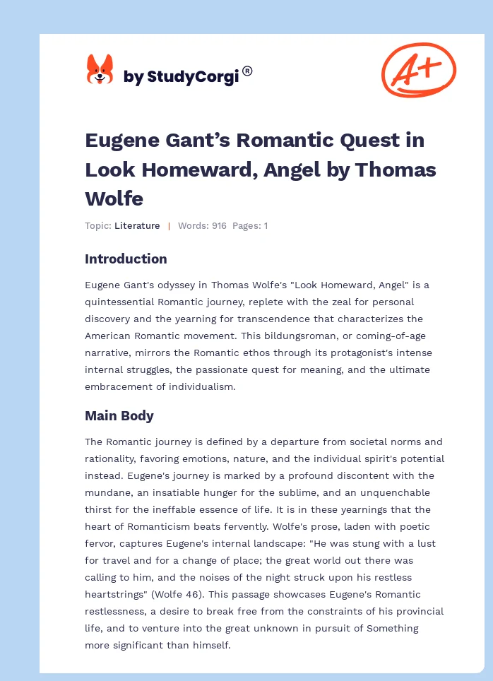 Eugene Gant’s Romantic Quest in Look Homeward, Angel by Thomas Wolfe. Page 1