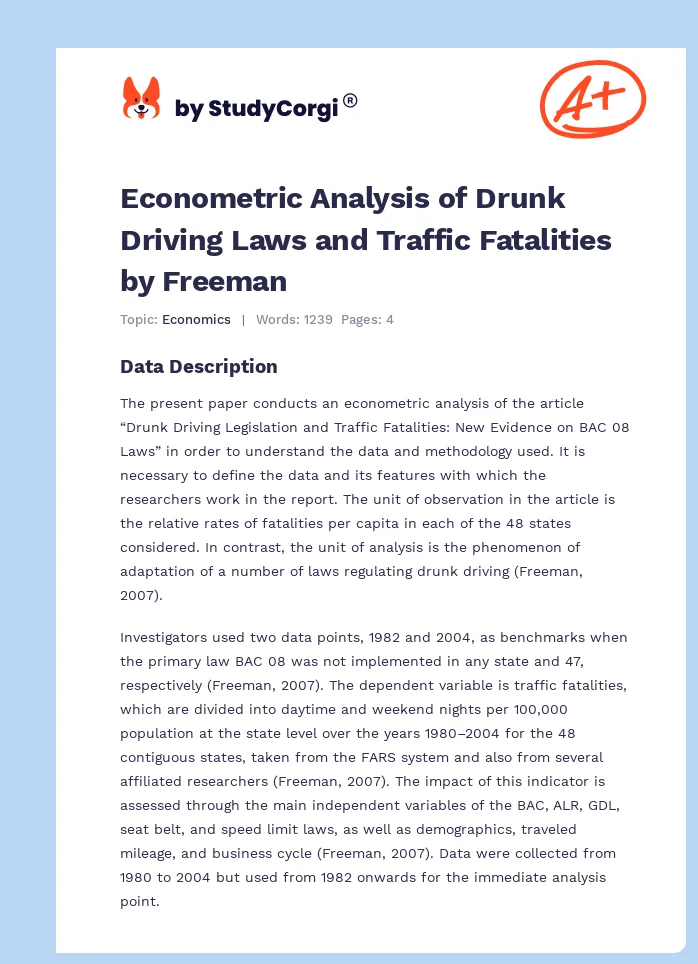 Econometric Analysis of Drunk Driving Laws and Traffic Fatalities by Freeman. Page 1
